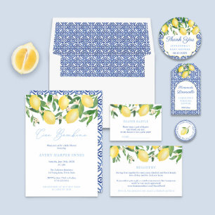 Lemons Blue Tiles Diaper Raffle Boy Baby shower Informatiekaartje