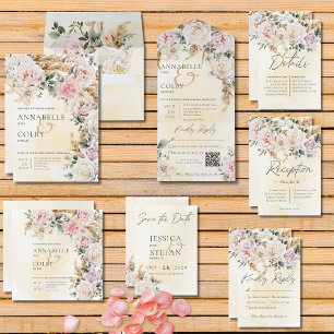 Boho pampas & roze rozen crème bruiloft save the date