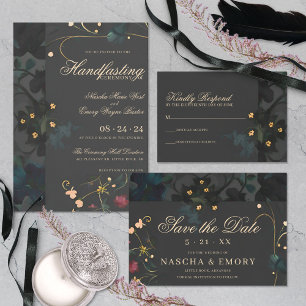 Dark Gray Moody Boho Abstract Floral Handfasting Kaart