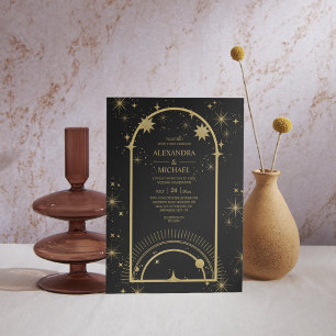 Mystical Black Gold Celestial Stars Wedding Uitnodigingen Wikkel