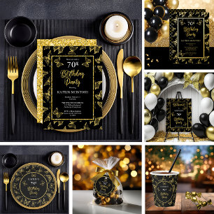Elegant Butterflies 70th Birthday Party Black Gold Folie Uitnodiging