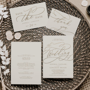 Romantic Gold Calligraphy Ivory all in one Wedding Kaart