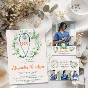 Boho Green Photo Waterverf Nursing School Gradua Aankondiging
