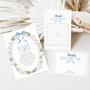 Baby in Bloom Blue Spring Floral Bow Baby shower Kaart