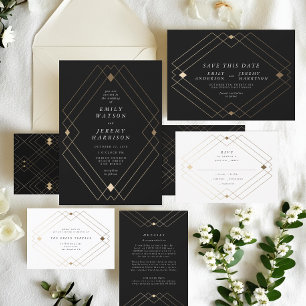 Gold Diamond Black Geometric Deco Gatsby Wedding Kaart