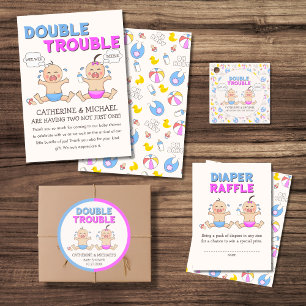 Double Trouble Twin Boy & Girl Baby shower Ronde Sticker