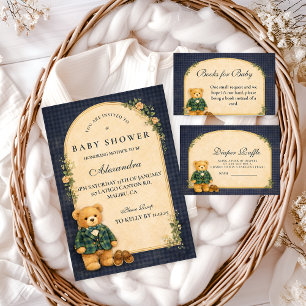 Klassieke geruite baby teddybeer babyshower kaart