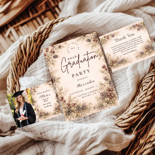 Vintage Berry Botanische Afstudeerfeest Bedankkaart
