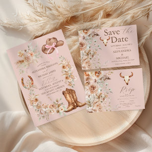 Roze Boho Floral Westerne bruiloft Kaart