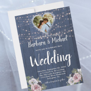Rustic Wood Twinkle Lights Foto Floral Wedding Kaart