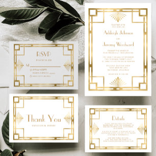  jaren '20 Deco Witgouden bruiloft Dank u Kaart