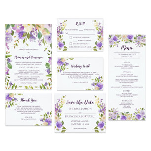 Lila Waterverf Floral Wedding Uitnodiging