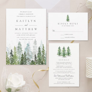 Het Waterverf Pine Tree Forest Wedding Collectie All In One Uitnodiging