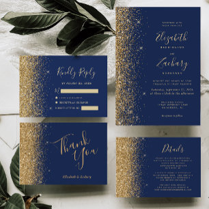 Moderne Navy Blauwe Gouden Nep Glitter Rand Trouw Kaart