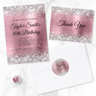 Silver Glitter Light Pink Monogram 21st Birthday Kaart
