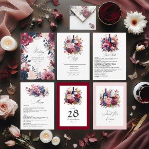 Bourgondië, marine en blush wijnproeverij bruiloft kaart