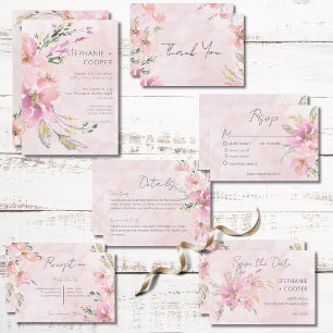 Roze Blush Bloemen Waterverf Modern Bruiloft Kaart