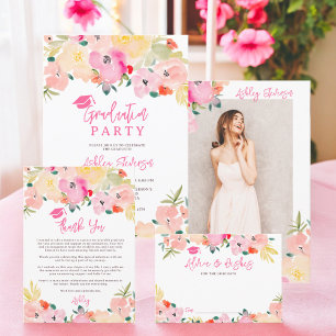 Spring roze boho chique tuin bloemig afstuderen aankondiging