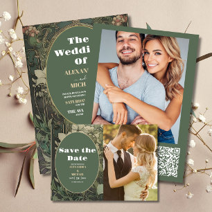 QR CodeVintage Bloemen Art Nouveau Bruiloft All In One Uitnodiging