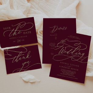 Romantic Burgundy Calligraphy Front & Back Wedding Kaart