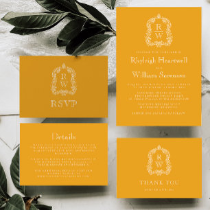 Elegante Monogram Crest Marigold Gele Huwelijk Bedankkaart