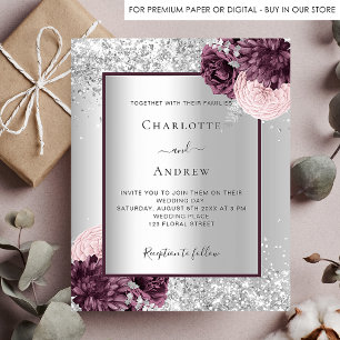 Silver burgundy florals elegant bruiloft uitnodiging briefkaart