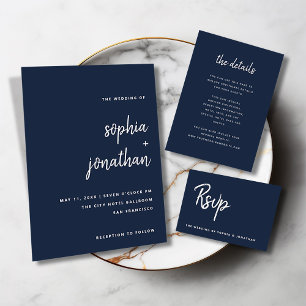 Modern minimalistisch script   Navy Blue Wedding RSVP Kaartje