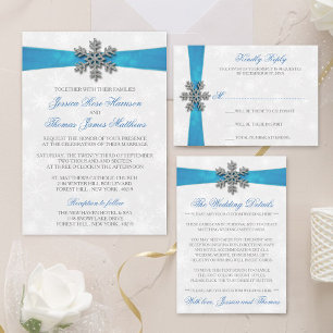 Diamante Snowflake & Blue Ribbon Winter Wedding Folie Uitnodiging