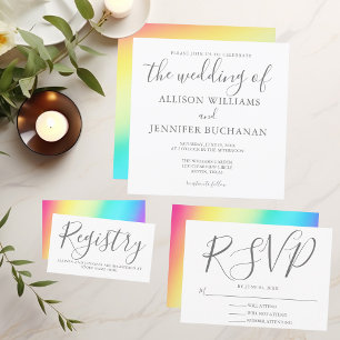 Rainbow Fade Simple Chic Typography Gay Wedding RSVP Kaartje
