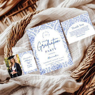 Ouderwetse Blauwe Bloemige Afstudeerfeestje Bedankkaart