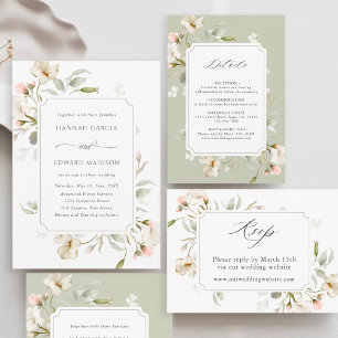 White Blush Sage Floral Wedding Website RSVP Informatiekaartje