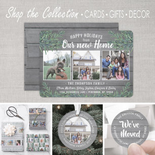 Van Nieuw Huis 4 Foto Kerstmis Greenery & Wood Feestdagenkaart