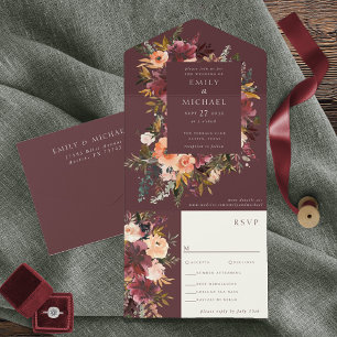Marsala Burgundy Peach Waterverf Floral All In One Uitnodiging