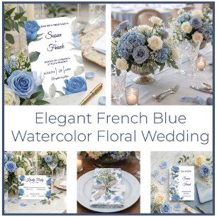 Elegante Franse Blauwe Roos Waterverf Trouwfeest Save The Date