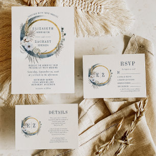 Boho Blue Floral Moon Monogram Wreath Wedding RSVP Kaartje