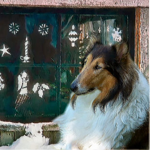 Kerstcollie op raam feestdagen kaart