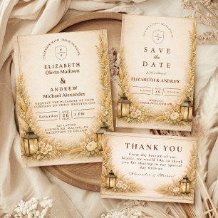 Tuintrouw met vintage lantaarns en wilde bloemen kaart