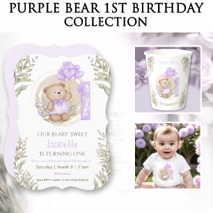 1e Verjaardagsnaam Schattige Teddybeer Paarse