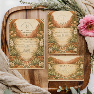 Boho woestijn bruiloft met wilde bloemen save the date