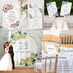 Elegant Gold Glitter Geometric Pink Floral Wedding Aankondiging