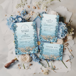 Pastel Kustblauw Bloemen Bruiloft Bedankkaart