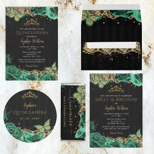  Groene Rozen Zwart Goud Kant Quinceañera Ronde Sticker