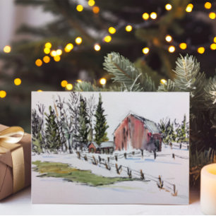 Winter Red Barn Waterverf Landschap Feestdagenkaart
