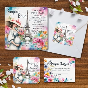 Bonjour Bebe Floral Eiffeltoren Parijs Baby shower Vierkante Sticker