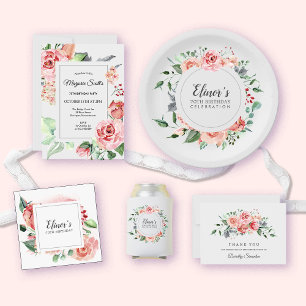 Dusty Pink Floral 70th Verjaardag Dank u Papieren Bordje