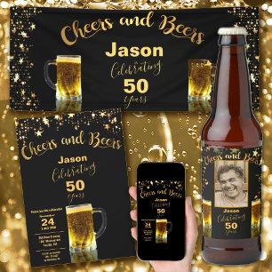 50e Birthday Cheers and Beers Black and Gold Kartonnen Onderzetters