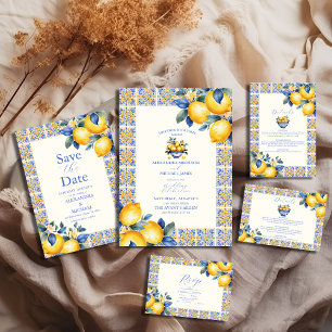Chique citroen bloemengroen mediterrane bruiloft RSVP kaartje