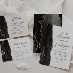 Agaat Zwart Goud Modern Script Bruiloft RSVP Kaartje