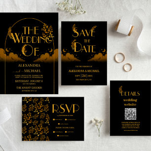 Glam Mystiek Zwart Goud Wolken Maan Bruiloft Kaart