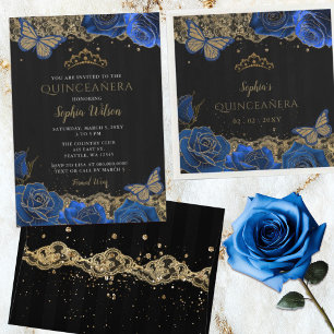 Budget Black Blue Rozen Lace Sweet 16 Uitnodiging